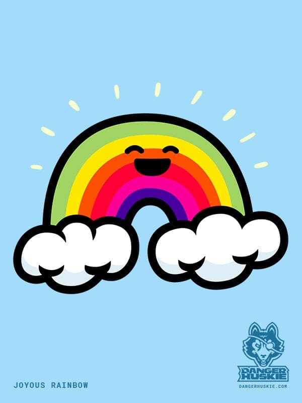 A joyous rainbow touching two clouds.