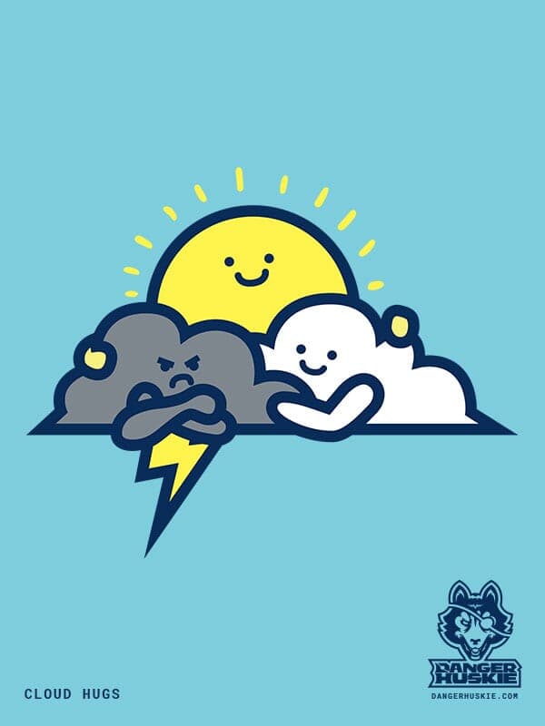 A grumpy thunder cloud gets a hug from a fluffy white cloud and the sun.