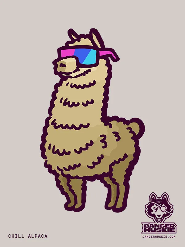 A super chill alpaca with some pretty sweet sunglasses stand proudly.
