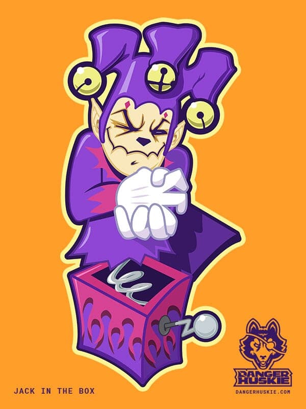 An evil puppet has popped out of a box with a crank, smiling wryly while ringing its hands.