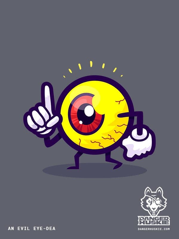 A yellow vector graphic eye with a red iris points upward to signal that it has just come up with an evil idea!