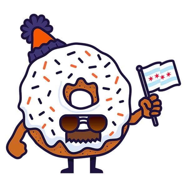 A little white frosted donut is looking like a Chicago Super Fan with a mustache and aviator glasses, waving a Chicago city flag!