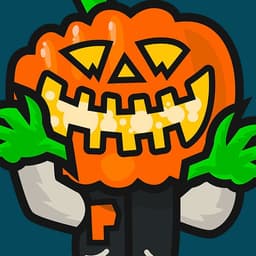 A man in a varsity jacket with a Jack O'Lantern head approaches the viewer.