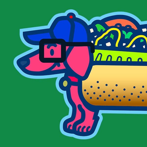 A smiling dachshund represents the North Side of Chicago with thick black glasses!