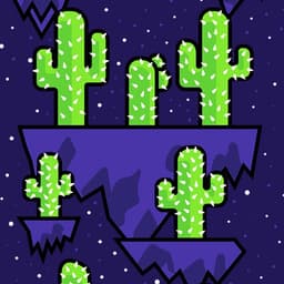 A group of round and pitchfork type cactus float on rocks in space with a starry background.