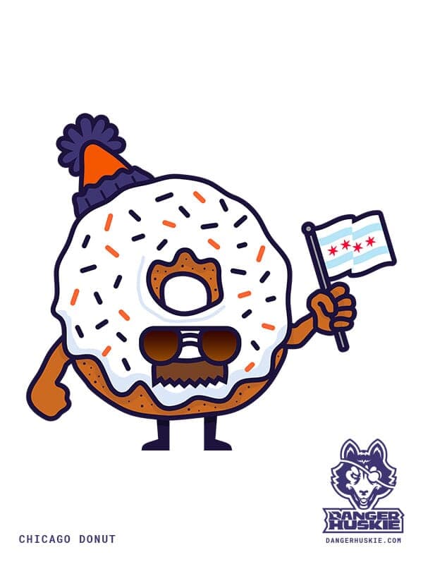 Chicago Donut | DangerHuskie by Nick Volkert A little white frosted donut is looking like a Chicago Super Fan with a mustache and aviator glasses, waving a Chicago city flag!